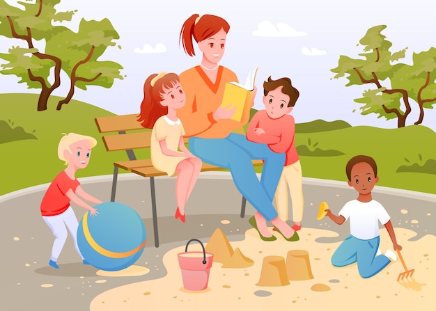 Children and teacher read book together vector illustration Cartoon boy girl child playing sandbox