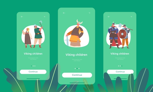 Children Vikings Mobile App Page Onboard Screen Template Little Boys and Girls Characters Wear Antique Suits