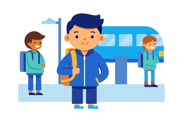 Children waiting at bus stop with backpacks smiling and ready for school