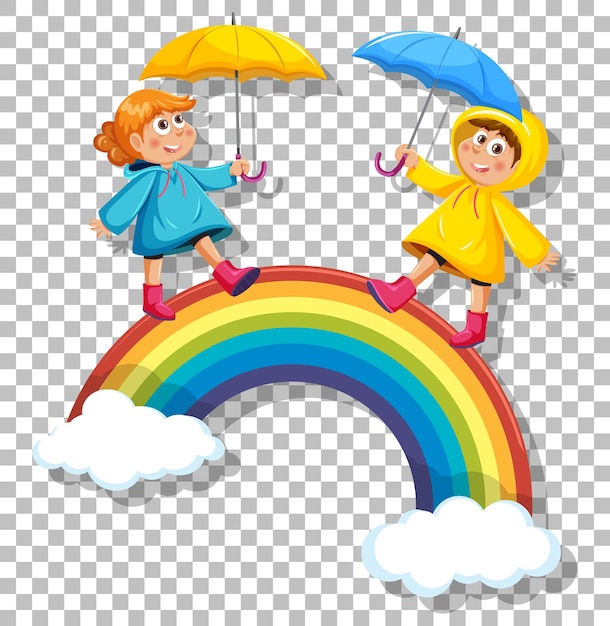 Children walking on the rainbow on grid background