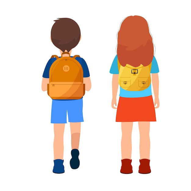 children with backpack back view.  Schoolboy and schoolgirl with bags isolated on white backgroud