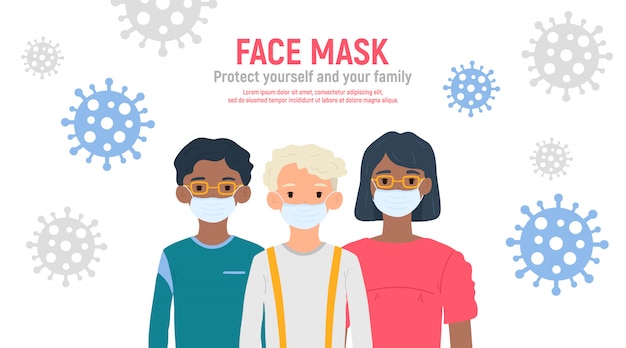 Children with medical masks on faces to protect their against coronavirus covid-19, 2019-nCov isolated on white background. Kids virus protection concept. Stay safe.  illustration