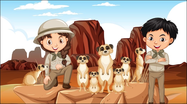 Children with meerkat group in desert forest