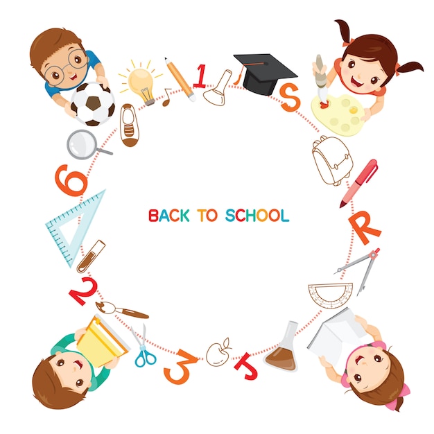 Children With School Supplies Icons On Circle Frame, Back To School, Stationery