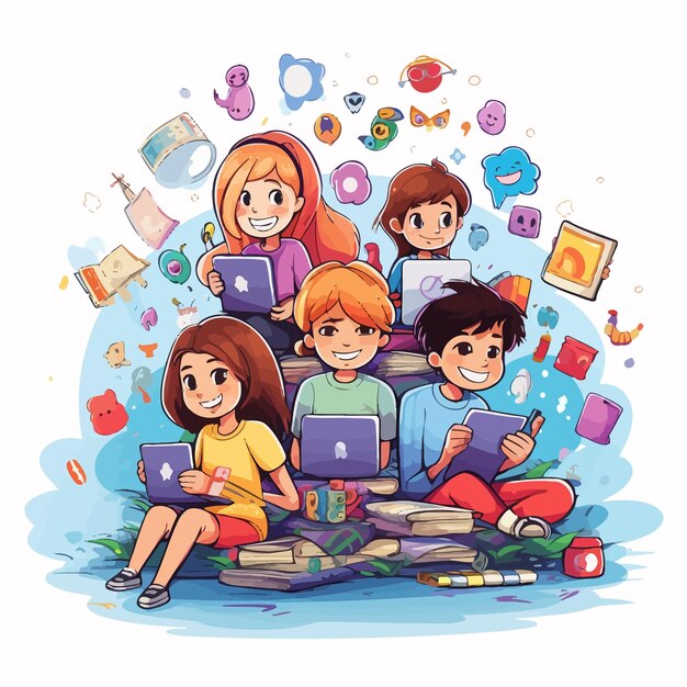 Vector children_with_social_media_elements