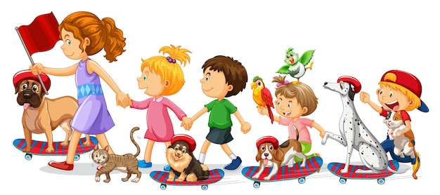 Vector children with their dogs on skateboards