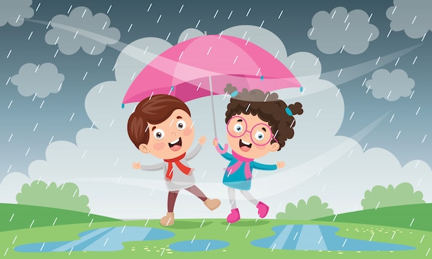 Children With Umbrella Under The Rain