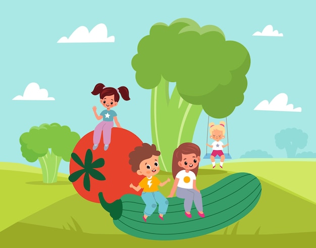 Children with vegetables Kids entertainment and leisure Boys and girls play outdoor Big tomato cucumber and celery Health vegetarian food Babies organic nutrition Vector concept