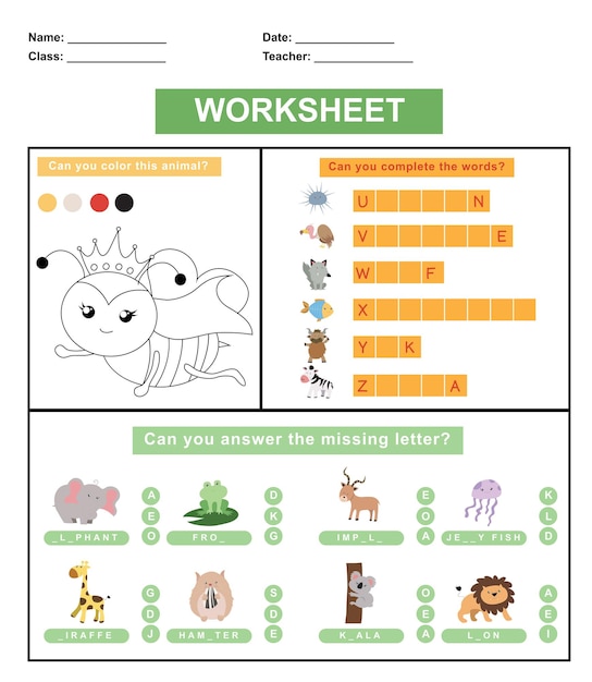 Vector children worksheet with animal theme. educational activity sheet for preschool kids