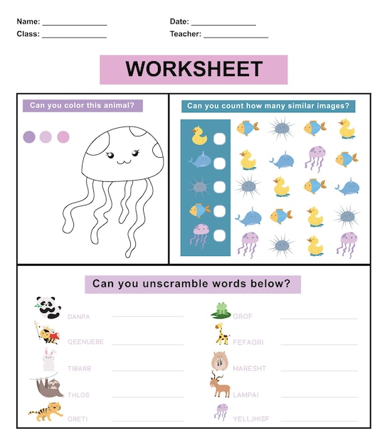 Vector children worksheet with animal theme. educational activity sheet for preschool kids