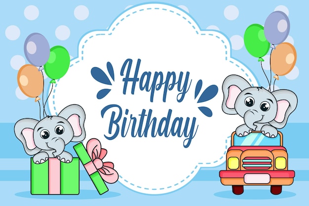 Children39s birthday card with cute elephants and gifts