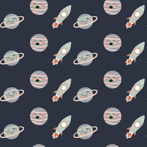 Vector childrens adventure pattern with cosmic objects and galaxy elements cute planets