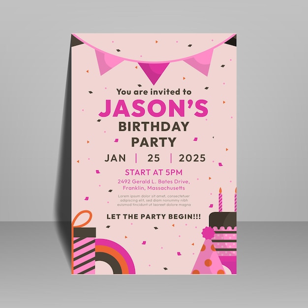 Childrens Birthday Invitation Card with Cute Gifts and Birthday Cake Vector Design