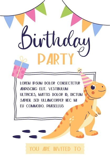 Vector childrens birthday invitation kid party poster with dinosaur cute tyrannosaur postcard