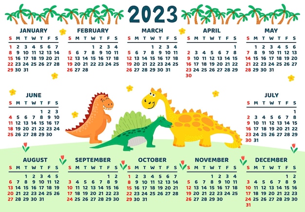 Childrens calendar template for bright horizontal design with abstract dinosaurs in a flat style edi