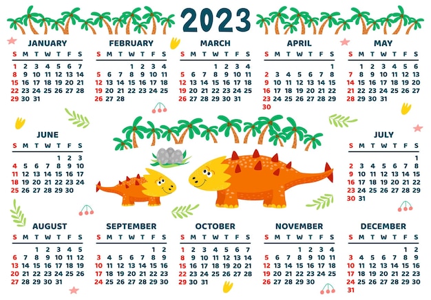 Childrens calendar template for bright horizontal design with abstract dinosaurs and palm trees in a