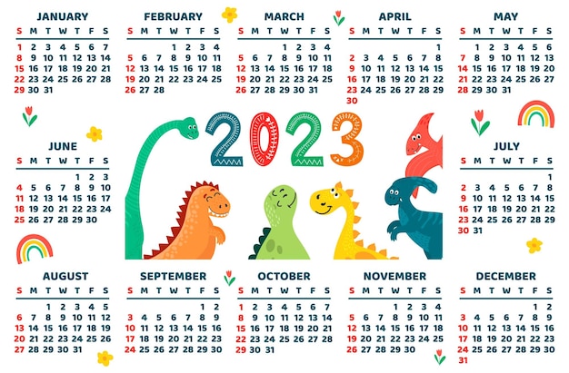 Childrens calendar template for year bright horizontal design with abstract dinosaurs in a flat styl