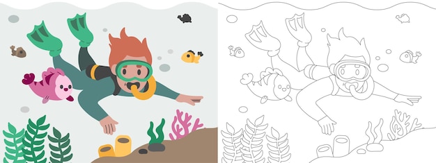 Childrens Coloring Book Illustration Diving Under The Beautiful Sea