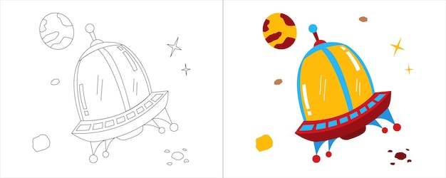 Childrens coloring book illustration spaceship away from earth