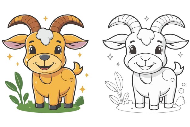 Vector childrens coloring book page featuring an adorable goat