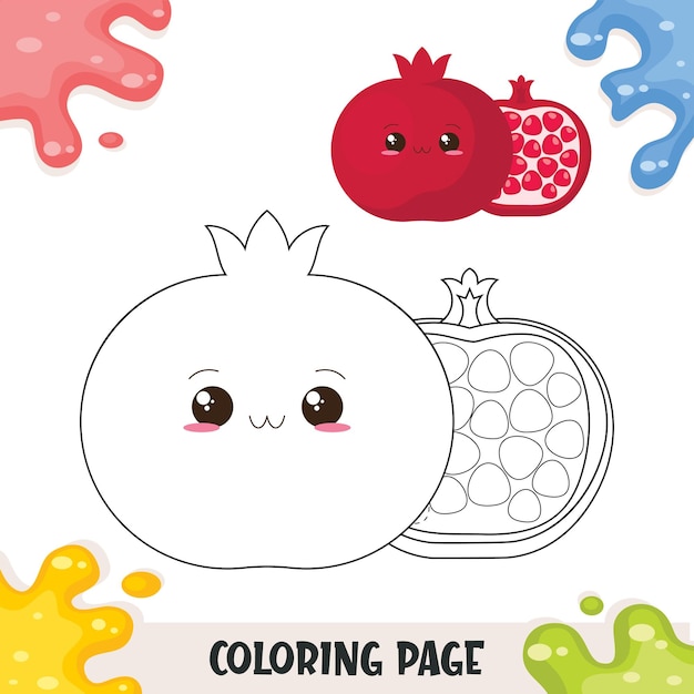 Childrens coloring illustration with pomegranate split in half