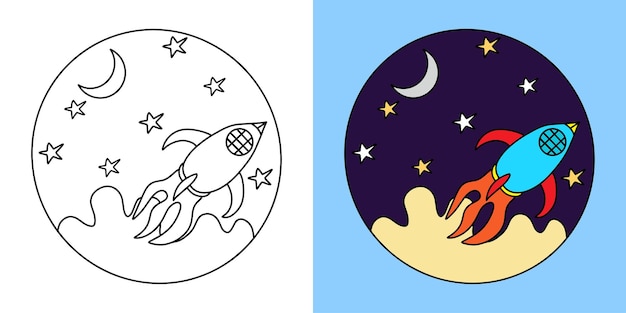 Childrens coloring illustration with space rocket