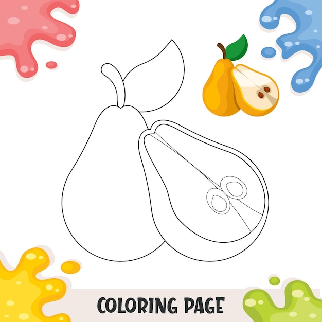 Childrens coloring illustration with whole pear and a half