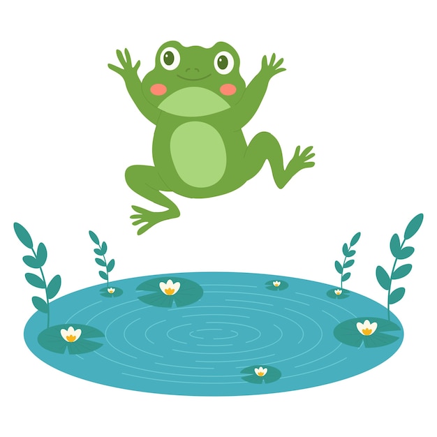 Childrens cute animal Frog jumps from the lake Flat character for children Vector illustration