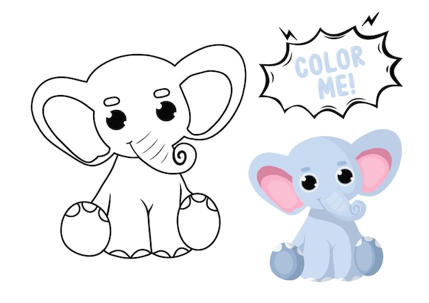 Childrens cute coloring book with elephant illustration