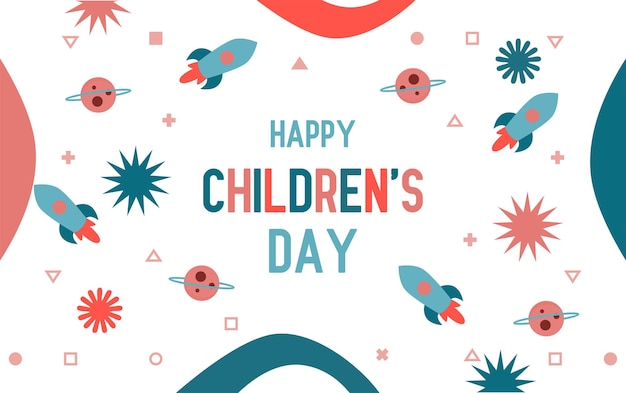 Childrens day greeting card banner template design with rocket planet vector illustration