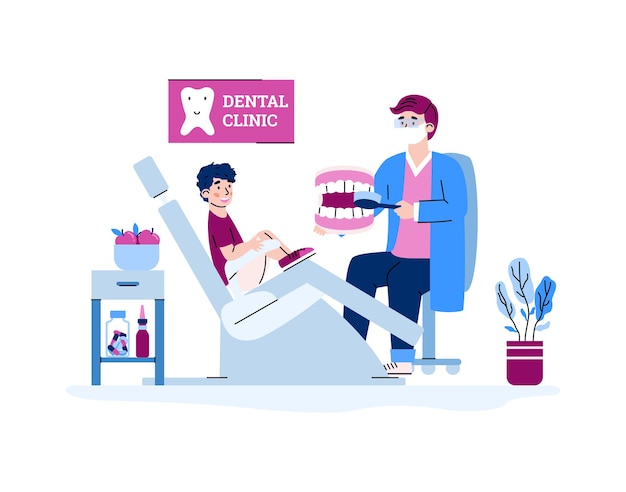 Childrens dental office with dentist cartoon  isolated