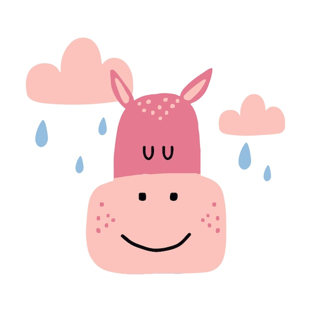 Childrens handdrawn illustration of a pink hippo Hippopotamus with clouds and rain