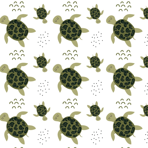 Vector childrens handdrawn pattern with turtles pattern with cute green turtles