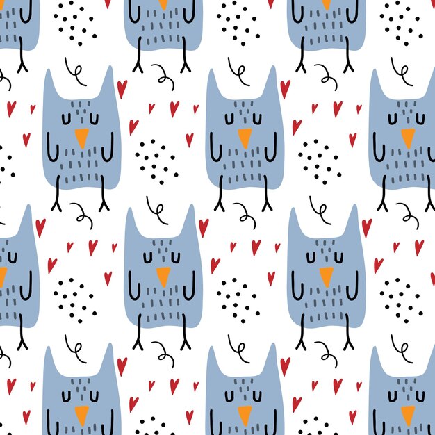 Vector childrens handdrawn seamless pattern with an owl pattern with an owl and hearts