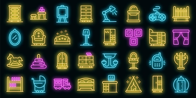 Childrens room icons set. Outline set of childrens room vector icons neon color on black