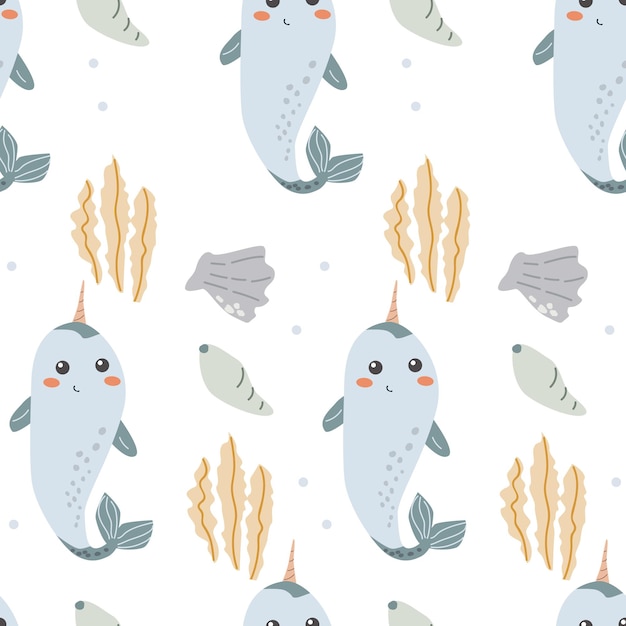 Vector childrens sea animals pattern childish ocean marine life seamless background