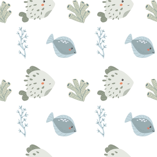 Vector childrens sea animals pattern childish ocean marine life seamless background