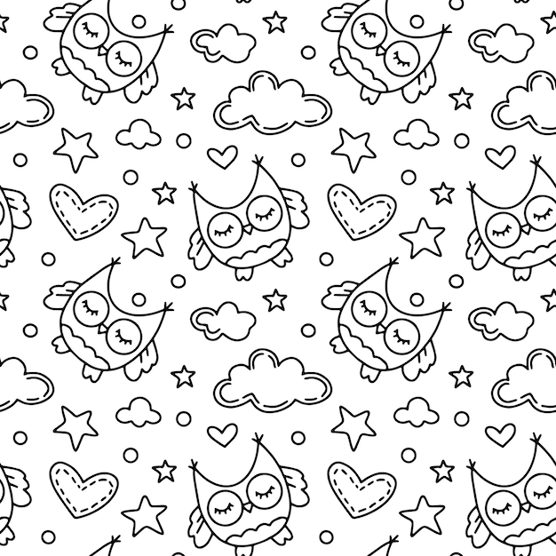 Childrens seamless pattern with owls and clouds