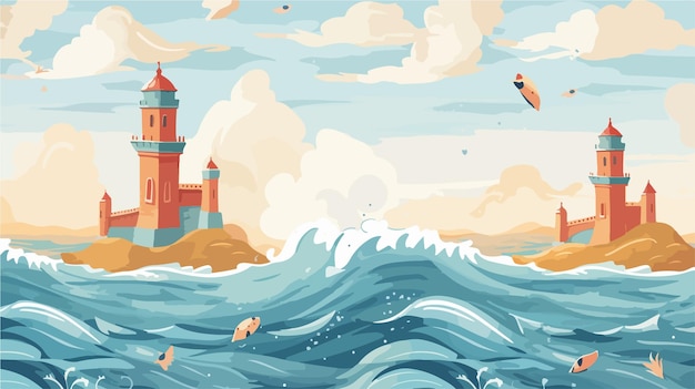 Vector childrens wallpaper design featuring sea castle and wave pattern