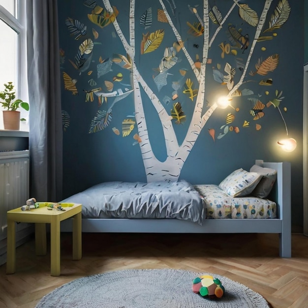 Vector a childs bedroom with a tree painted on the wall