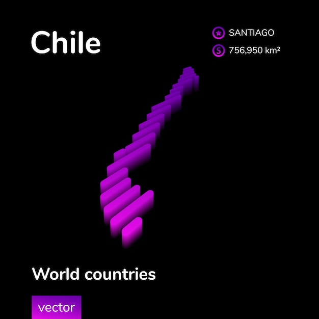 Chile 3d map Stylized isometric vector isometric neon in violet colors on black background