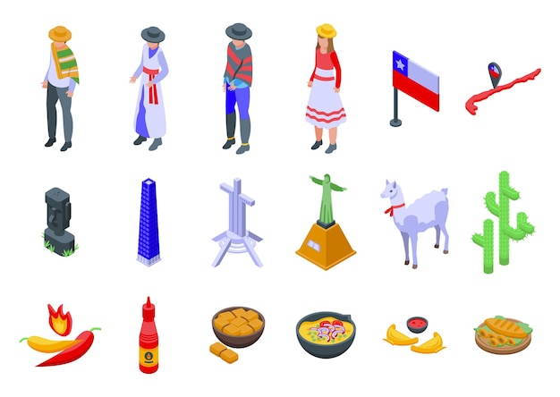 Chile icons set isometric vector Map adventure