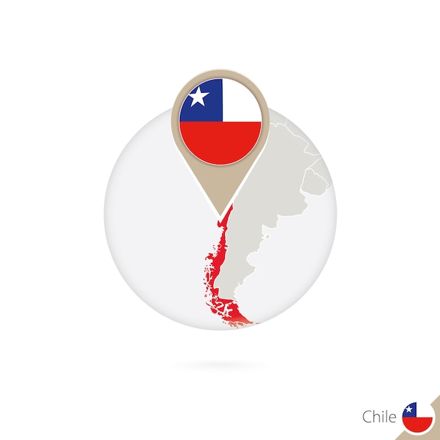 Chile map and flag in circle. Map of Chile, Chile flag pin. Map of Chile in the style of the globe. Vector Illustration.