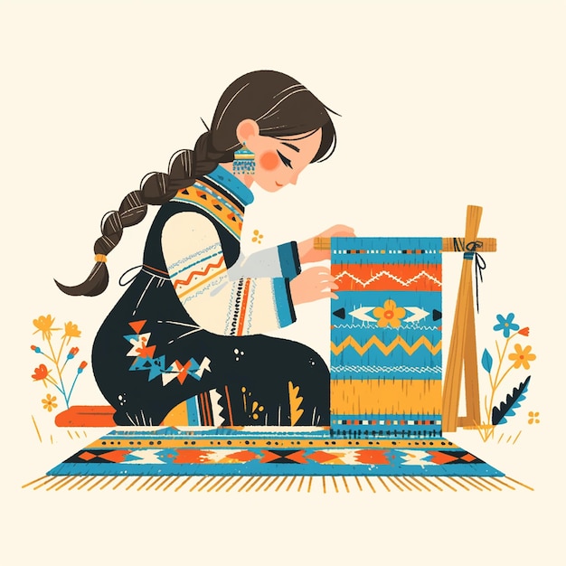 Chilean Woman in Traditional Weavers Gear at Loom