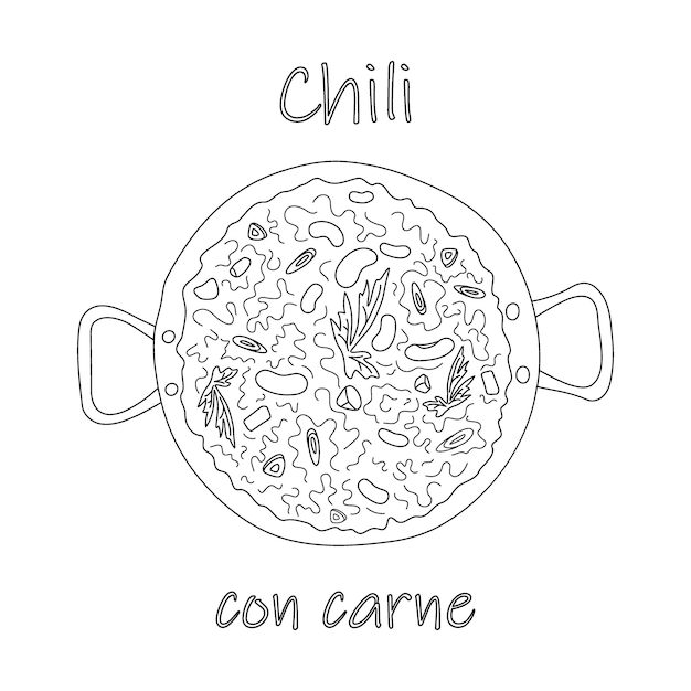 Chili con carne in a large pot with lettering Traditional Mexican cuisine Latin American food