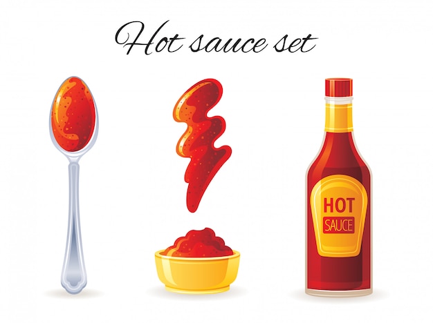 Chili pepper hot sauce icon set with spicy sauce bottle, bowl, spoon, splash. 