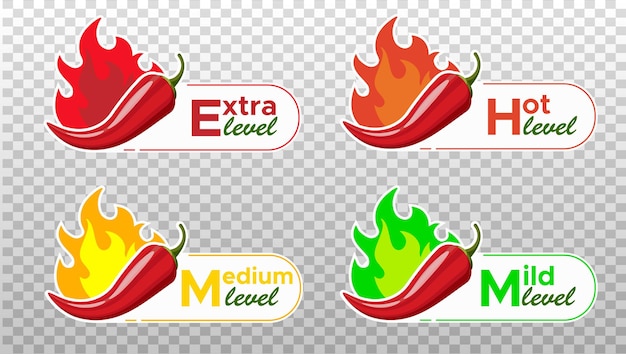 Vector chili pepper spice levels hot pepper sign with fire flame for packing spicy food