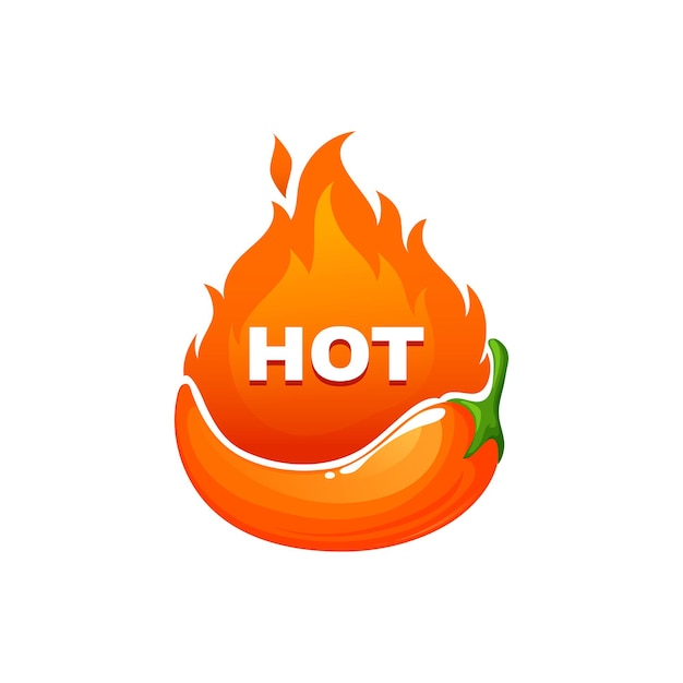 Chili pepper spicy food label on orange fire flame