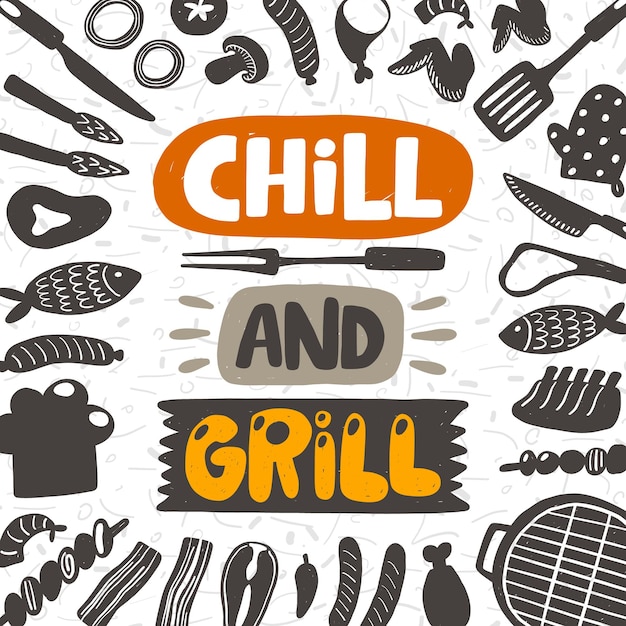 Chill and grill card Hand drawn lettering Vector design menu restaurant bar cafe food court emblem