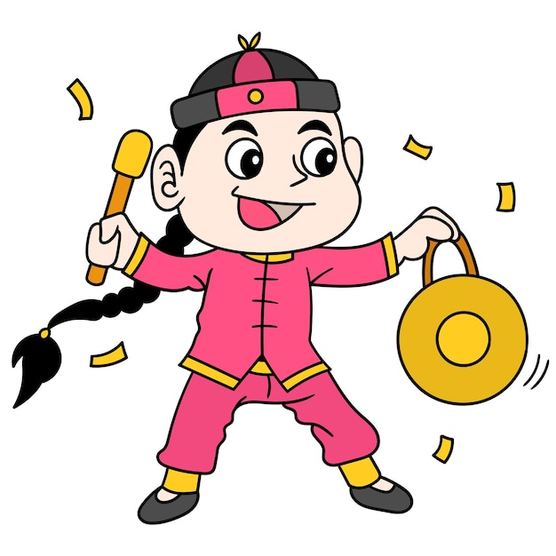 China boy celebrates chinese new year by hitting the gong, doodle draw kawaii. illustration art